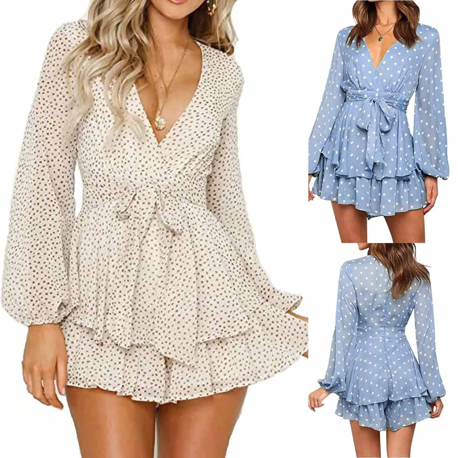 

Women Casual Print Wave Point Dress Temperament Sexy V-neck Club Party Dress Summer Female Long Sleeve Ruffle Mini Dress Vestido
