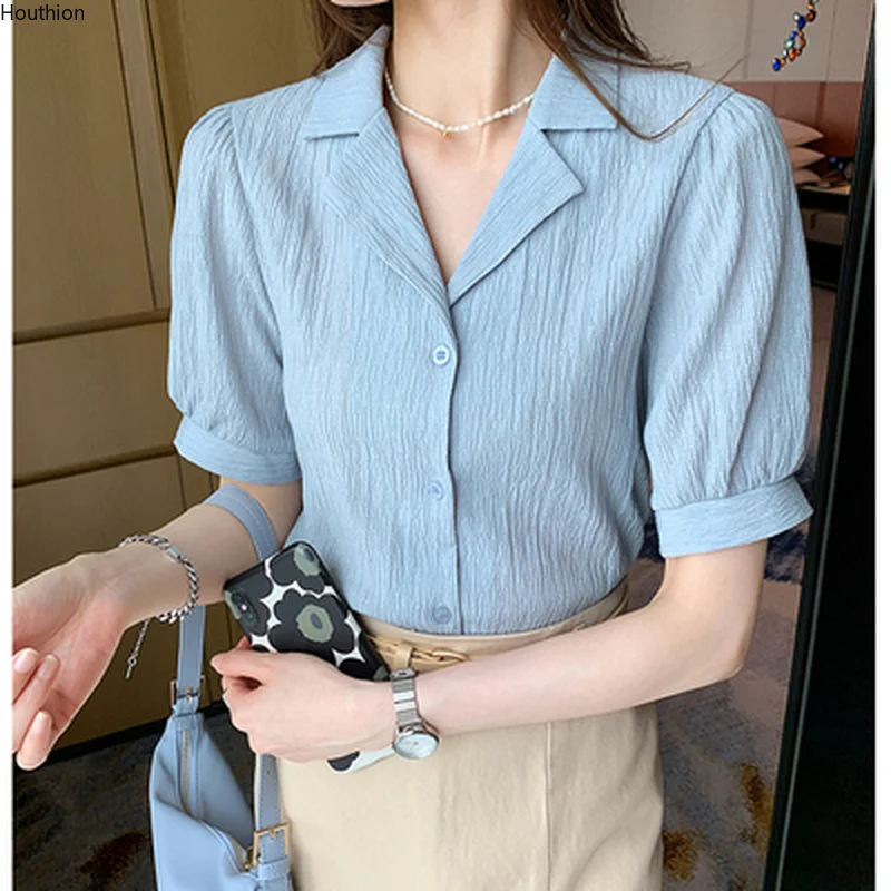 

Блузка женская шифоновая с длинным рукавом, Модный повседневный топ с воротником, Однотонная рубашка свободного покроя, домашняя одежда, на...