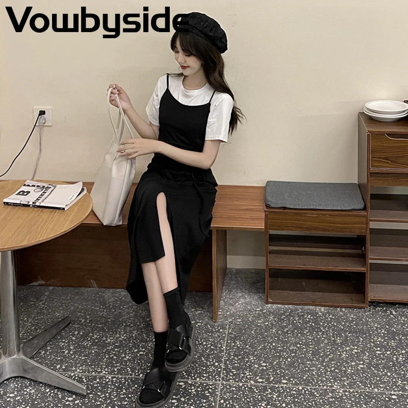 

Summer Women's New Style Korean Solid Color Spaghetti Strap Shirring Mini Skirt Split Mid-calf Long Dress