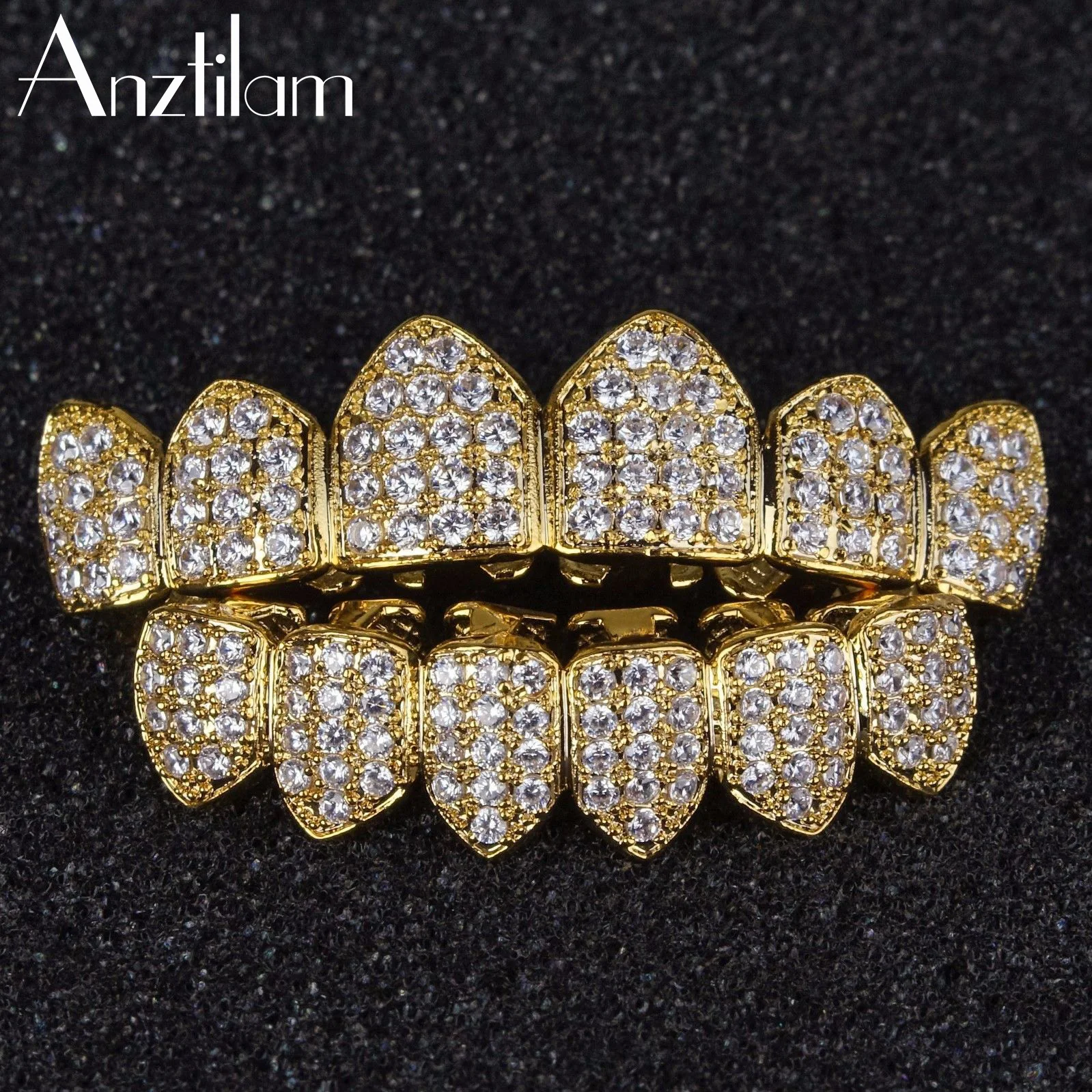 

Hip Hop Micro Paved Bling Cubic Zirconia Iced Out Teeth Grillz Top & Bottom Set Dental Grills Men’s Jewelry Gold Silver Color
