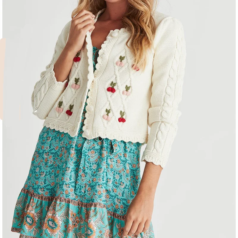 

2020 new fall winter pastoral style sweet handmade crochet cherry sweaters coat sweet white short knitted cardigans women tops