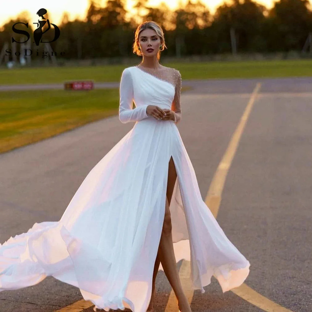 

Женское шифоновое платье с разрезом сбоку, с длинным рукавом