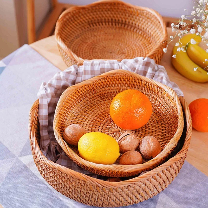 

Handwoven Round Rattan Fruit Basket Wicker Basket Picnic Tray Food Storage Basket Fruit Bread Food Storage Organizer