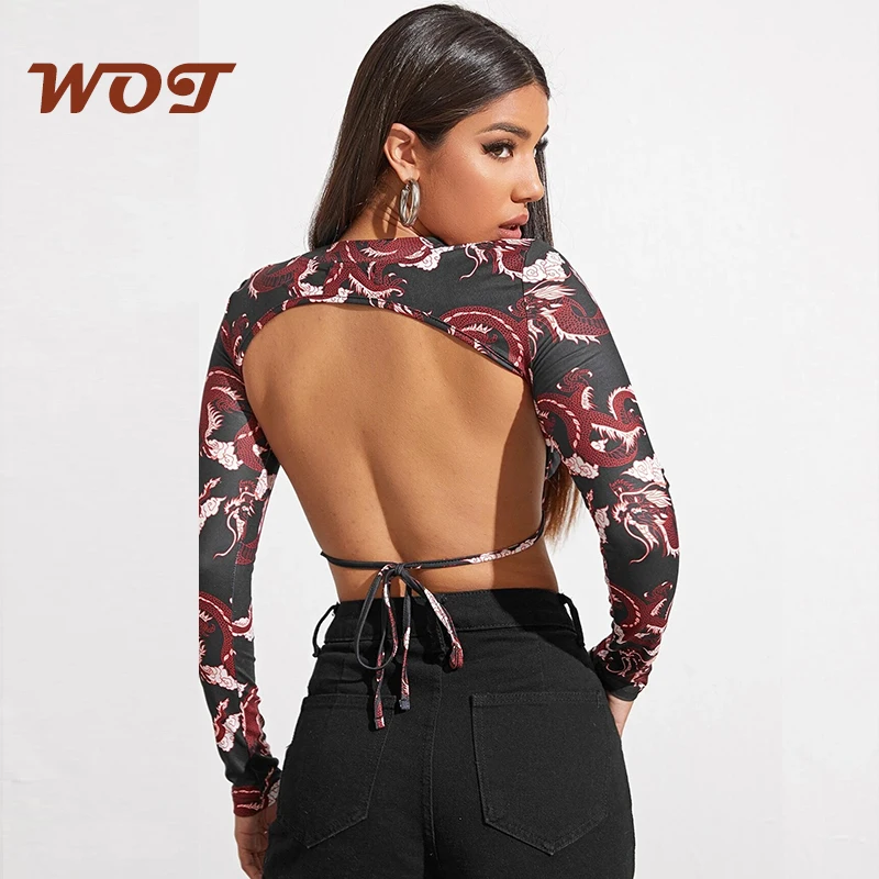

2021 spring and summer new ladies long-sleeved T-shirt sexy backless lace-up top