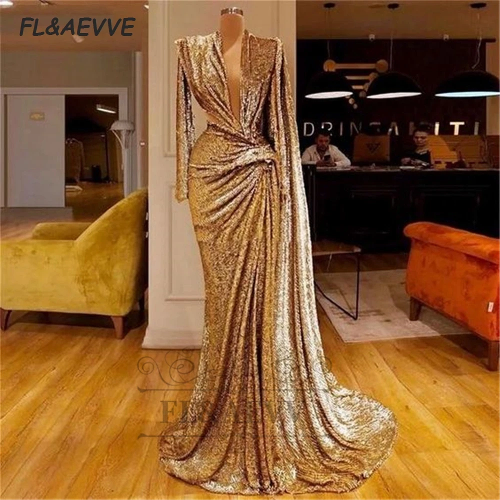 

2021 Gold Evening Dress Mermaid Crystal Long Sleeves V Neck Satin Corset Floor Length Evening Prom Party Gowns