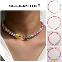 boho rainbow smiley face pearl asymmetry beaded necklace for women soft pottery choker colorful surfer bead collar y2k jewelry