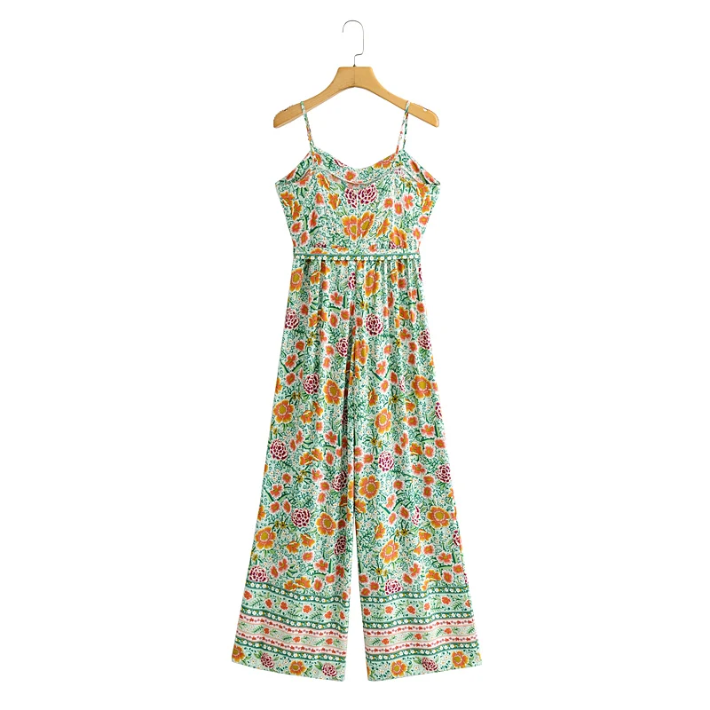 

CHAINSHONE2021 Summer printed halter strap suspender jumpsuit trousers Women Casual Loose Linen Cotton Jumpsuit Short Sleeve