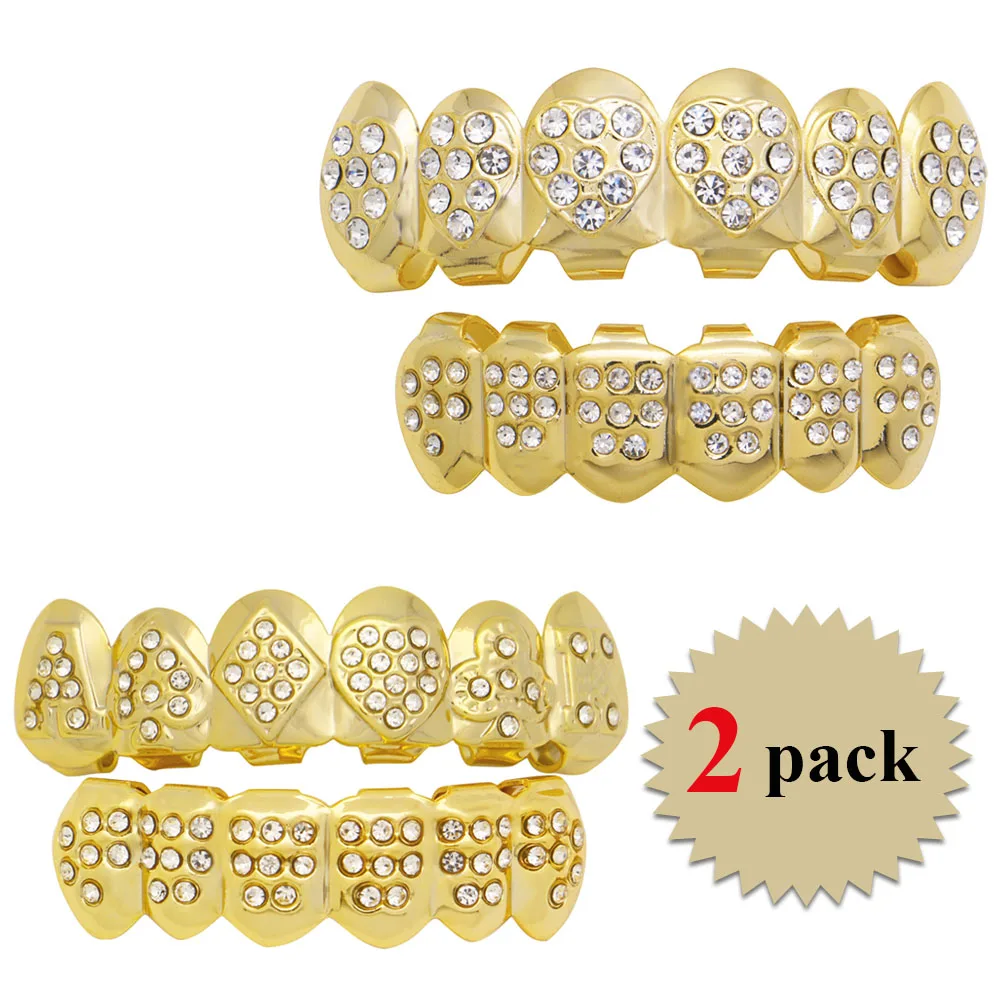 

LuReen 2 Sets/pack Poker Heart Shape CZ Gold Grillz For Unisex Crystal Teeth Grills Caps Set Punk Bling Dental Tooth Jewelry