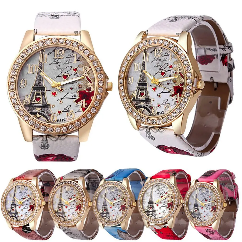 

Geneva Womens Watch Tower Pattern Rhinestone Leather Band Analog Quartz Vogue Wrist Watches cheap wristwatches for women YE1