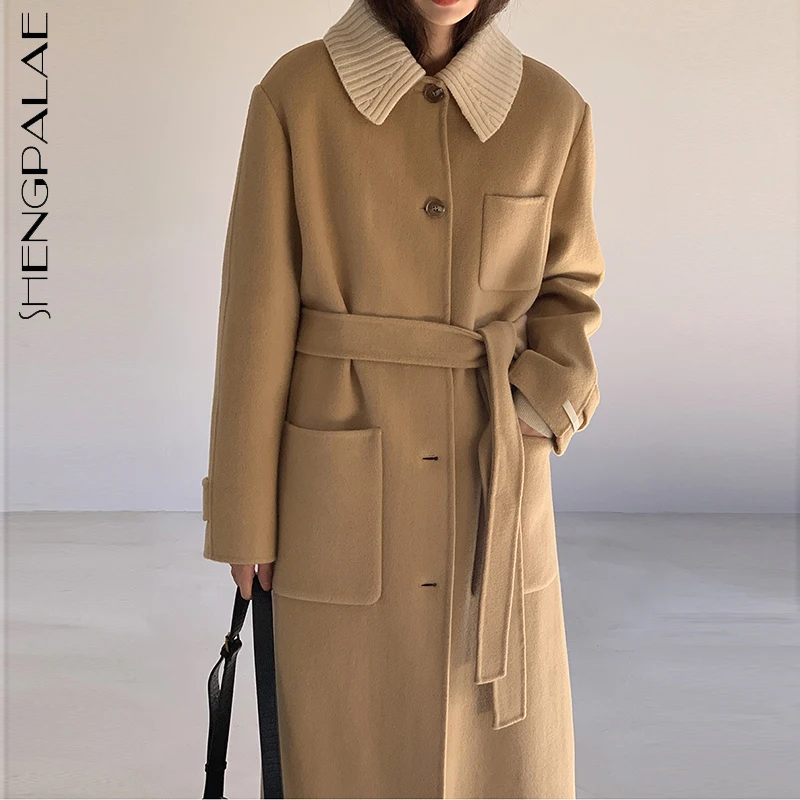 

SHENGPALAE Fashion Camel Woolen Coat Women's Winter 2021 New Knitted Lapel Spliced Loose Single Breasted Long Sleeve Overcoat