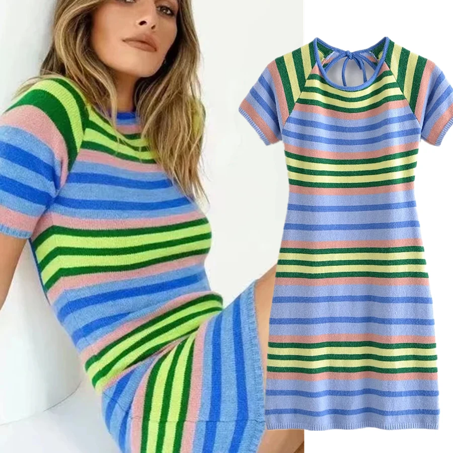

Jenny&Dave Summer Dress Women Ins Fashion Blogger High Street Sexy Striped Elastic Hollow Out In Back Kniited Mini Vestidos
