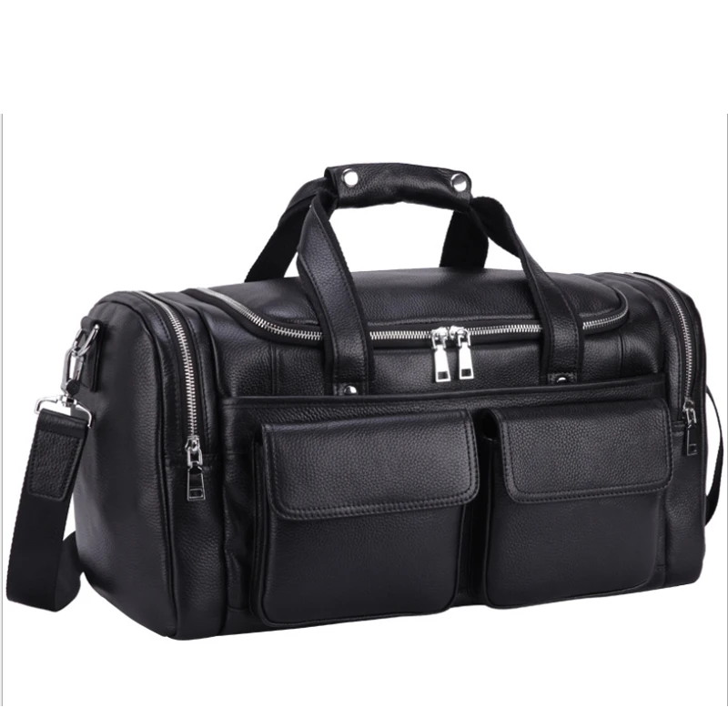 Luufan Black Mens Genuine Leather Travel Duffle Soft Cowskin Travel Bag For Busiess Trip Man Male Big Size Fashion Weekend Bag