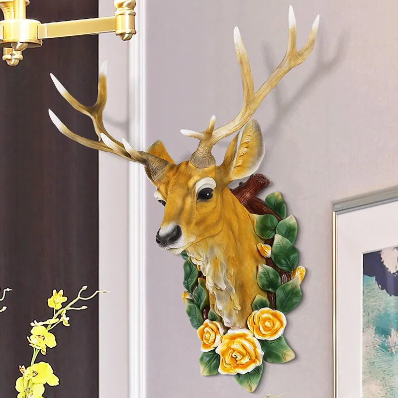 

European Retro Home Wall Deer Head Animal Decoration Crafts 3D Stereo Livingroom Hotel Wall Resin Animal Statue Mural Ornament