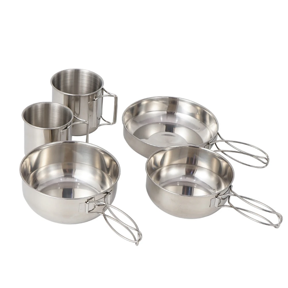 

5pcs Outdoor Camping Cups Bowls Set Portable Stainless Steel Picnic Barbeque Cooking Supplies Fishing Tableware