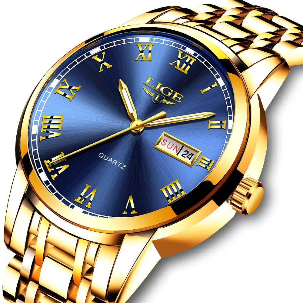 Часы наручные LIGE Мужские кварцевые брендовые Роскошные модные полностью