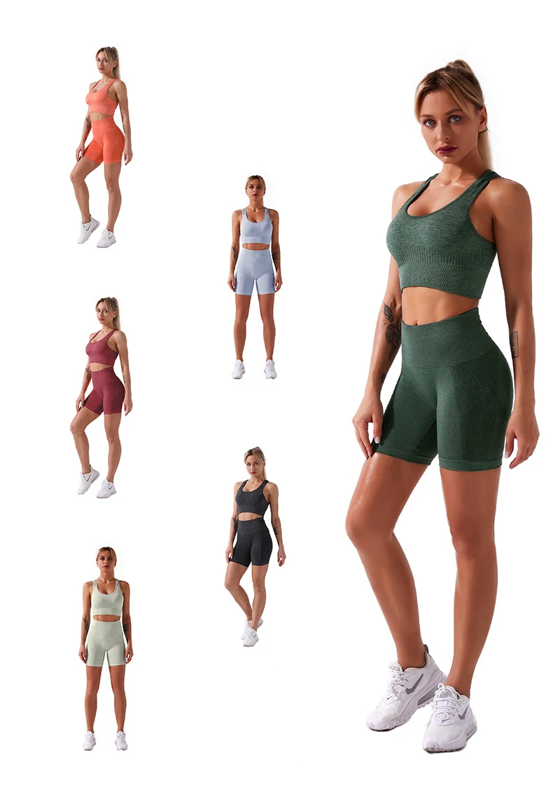 

2020 women's new solid color fashion sexy leisure seamless home sports fitness suit slim shaping vest+shorts S-L