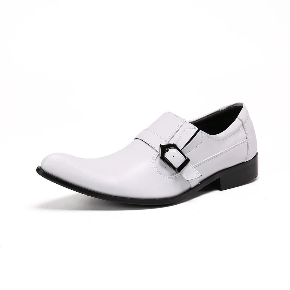 

Fashion Wedding Party White Genuine Leather Shoes Men Buckle Pointed Toe Dress Shoes Business Men Formal Shoes