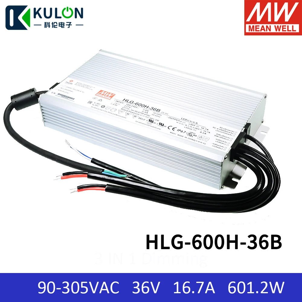 

Meanwell IP67 Waterproof Metal Led Driver HLG-600H-36B 600w 36v 16.7A Constant Voltage and Current Pfc Dimmable Power Supply