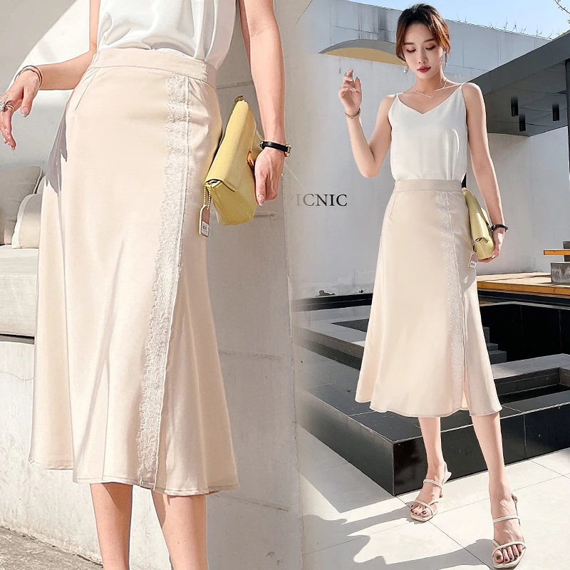 

Korean Fashion Skirts High-waisted Long Woman Skirt Summer Solid Mid-calf Sexy Lace Skirts Women Clothing Black Skirt for Female