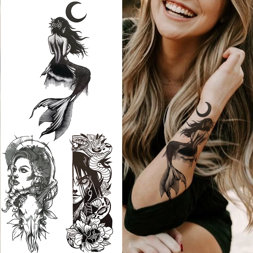 

Mermaid Temporary Tattoo For Women Adult Black Harajuku Fake Tattoos Sticker Creative Painting Snake Flower Tatoo Legs Hand Moon