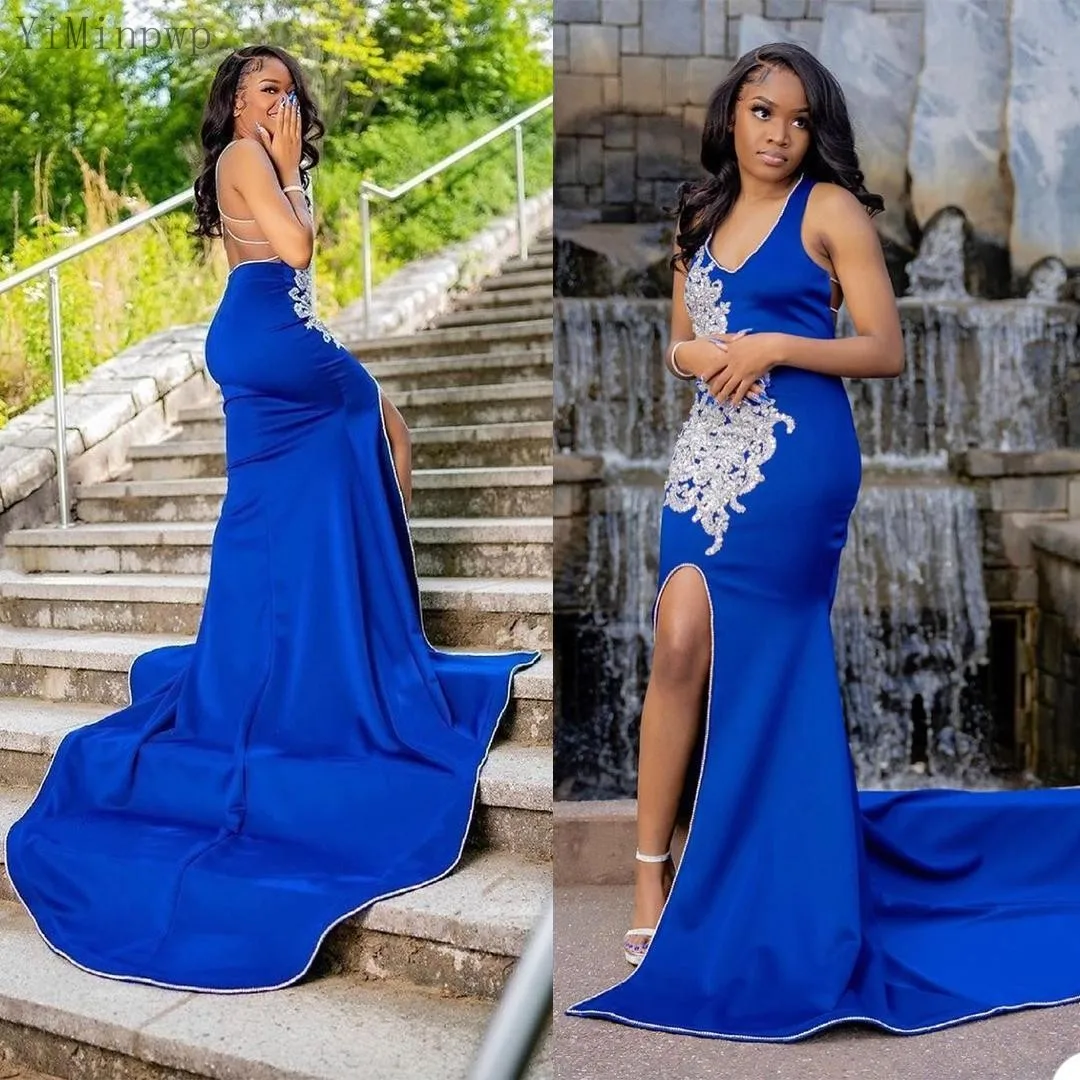

YiMinpwp Blue Mermaid Prom Dresses V Neck Criss Cross Straps Sweep Train Side Split Satin Applique Beads Long Formal Women Dress