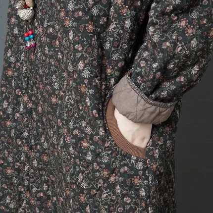 

Women Big Sizes Dresses Winter Thick Cotton Linen Female Loose Clothing Casual Lady Vestidos Turtleneck Print Pockets Dress