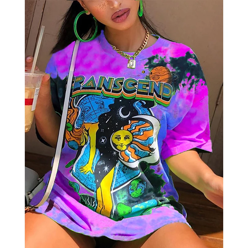 

2021 Tie dye High Street Oversized T-shirt Women Summer Y2K Clothes Plus Size Short Sleeve Harajuku Graphic Bodyfriend Tee Tops