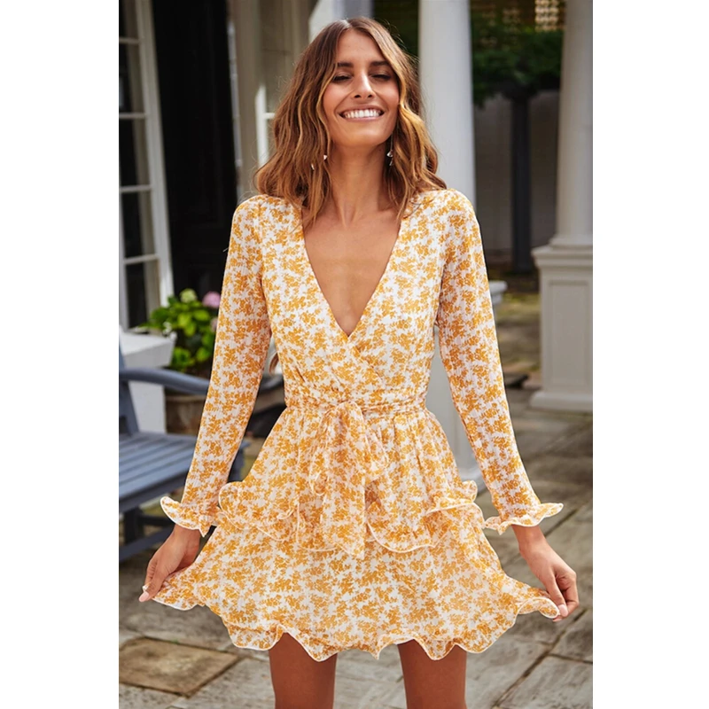 Новинка 2019 женское платье летнее бохо с цветочным рисунком рюшами на шнуровке