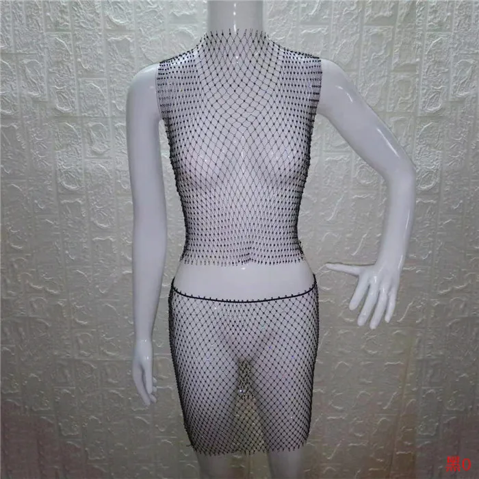 Black O-neck Блестящие Кристальные Стразы, женская одежда, сетчатые Прозрачные топы, клетчатые сексуальные мини юбки, летний комплект из 2 предметов, Клубные, трендовые - Цвет: Black O-neck