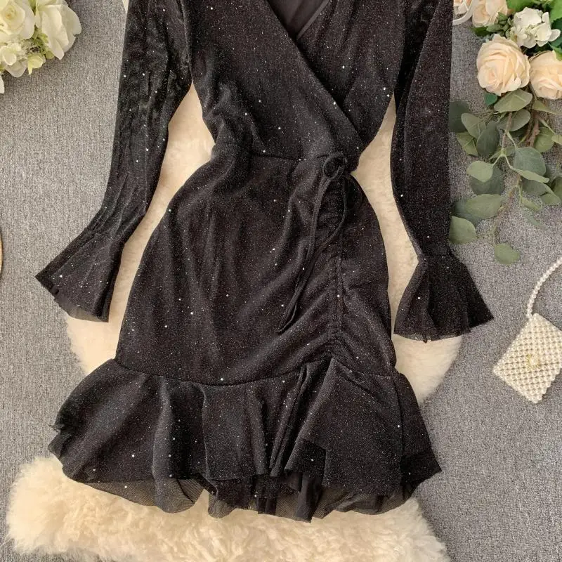 Модные Вечерние Платья с блестящими расклешенными рукавами для женщин 2019