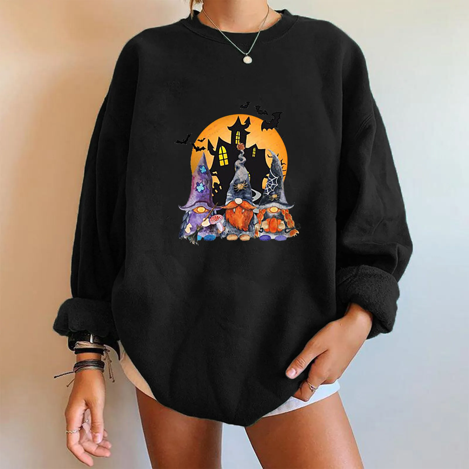 

2021 Autumn Women's Sweatshirts Halloween Print Long Sleeve Loose O-Neck Long-Sleeved Pullover Oversized Sweatshirts Women E3