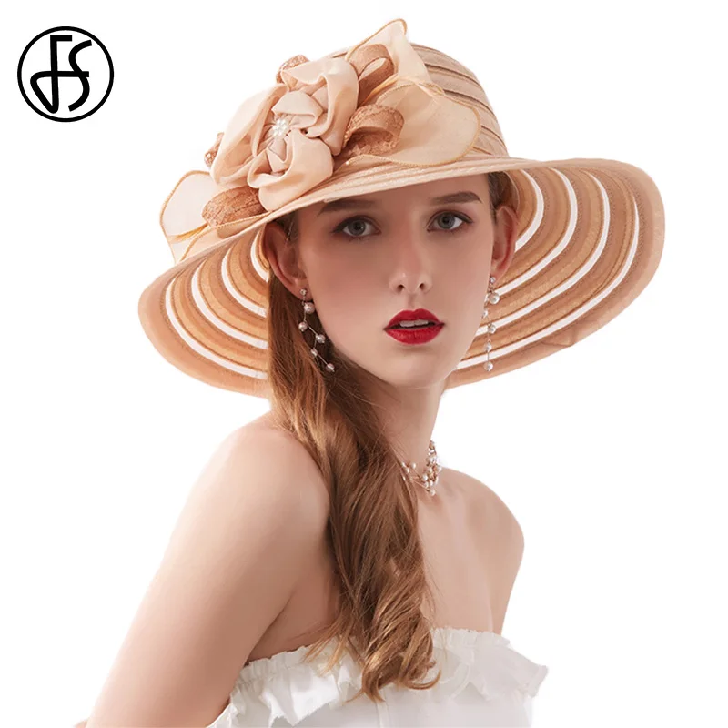 FS 2022 Summer Red Pink Flower Fascinator Hats Wedding Church Hat For Women Elegant Wide Brim Organza Beach Cap Chapeau Femme