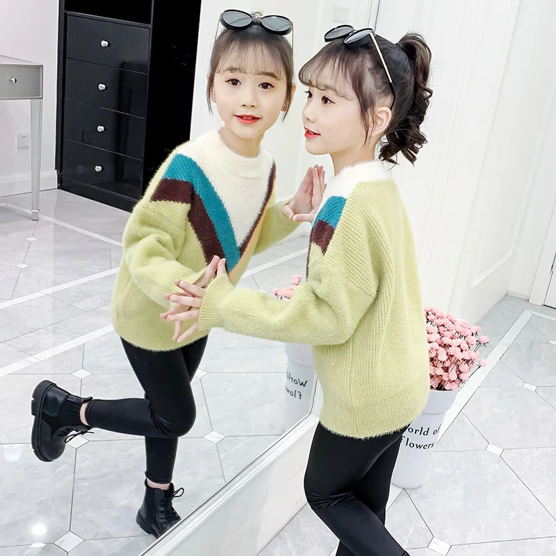 Зимний плотный вязаный свитер для девочек норковый бархатный клетчатый Модный