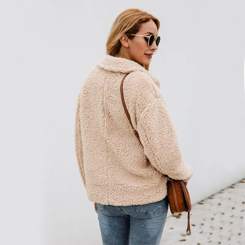 

Hot Faux Fur Coat Women Autumn Winter Thick Warm Soft Jacket Button Lapel Casual Pocket Long Sleeve Warm Cashmere Wool Coat