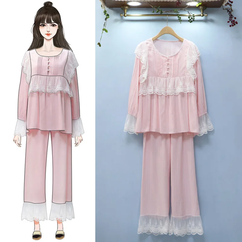 

Pajama Girl Autumn Winter New Sweet Lace Girl Princess Korean Version Palace Style Lovely Lounge Negligee Intimate Lingerie