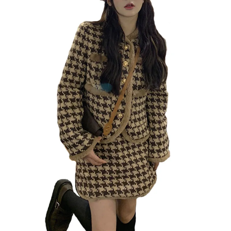 

Two Piece Set Women Swallow Gird Long Sleeve O Neck Jacket Warm Mini Skirt Slim Winter Female Matching Sets Korean Fashion M715