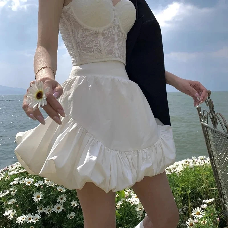 

High waist mini skirt solid color vintage ​A-line skirt sexy white y2k puff skirt Korean style loose stitching short skirt Folds