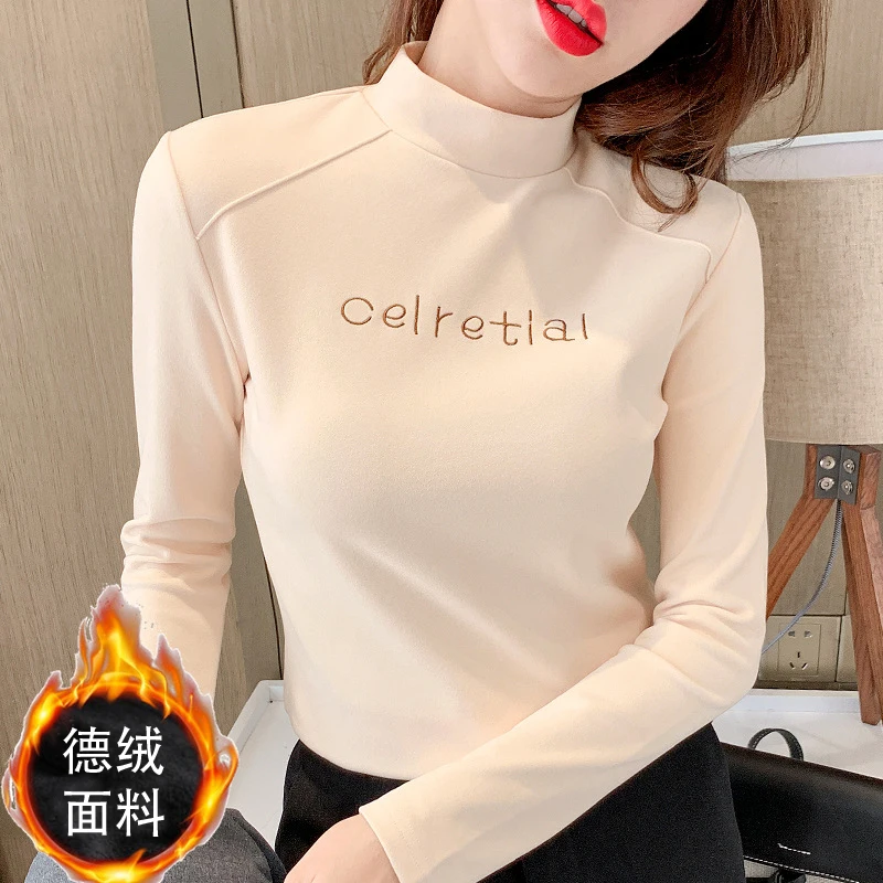 

Двусторонняя бархатная теплая немецкая бархатная футболка с принтом букв и полувысоким воротником Женская однотонная облегающая зимняя ф...