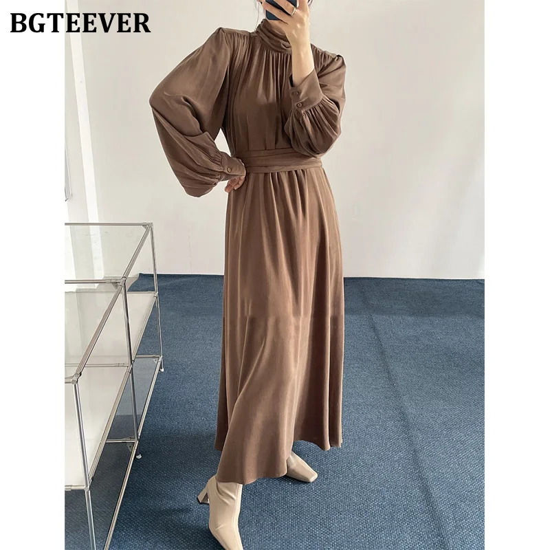

BGTEEVER Vintage Stand Collar Women Dress Full Sleeve Slim Waist Lace-up Female A-line Dress 2022 Spring Vestidos