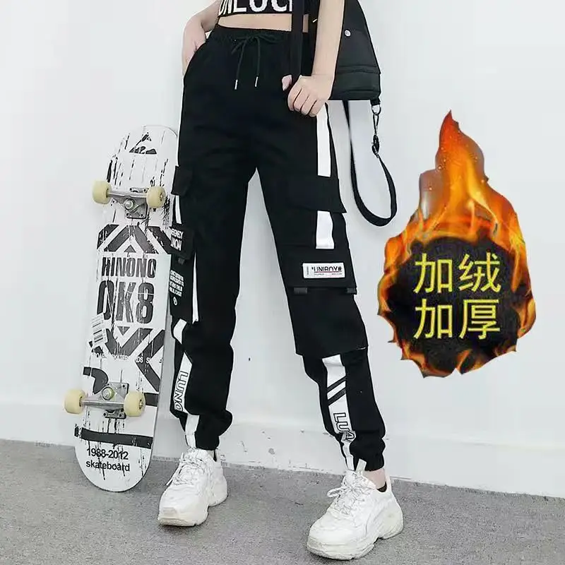 

Fleece Women's High Waist Cargo Pants 2021 Winter Sportswear Loose Pants Harajuku Cotton Female Cargo Pants Elastics Trousers
