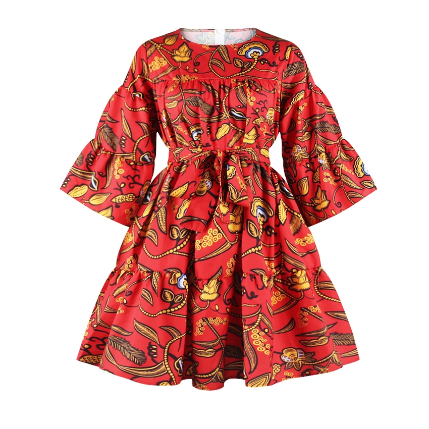 

African Clothes Autumn Traditional Dashiki Print Bazin Lace Wax Ruffle Sleeve African Dresses for Women Fashion Party