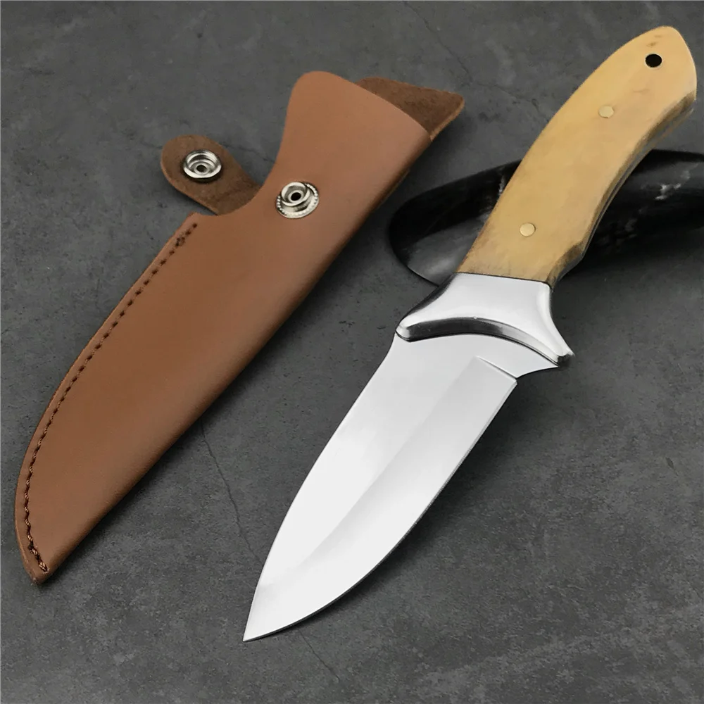 

Outdoor Survival Knife Stainless Steel Blade Wooden Handle Fixed Knife Tactical Practice Knife Multipurpose Cutting Knife Sleeve