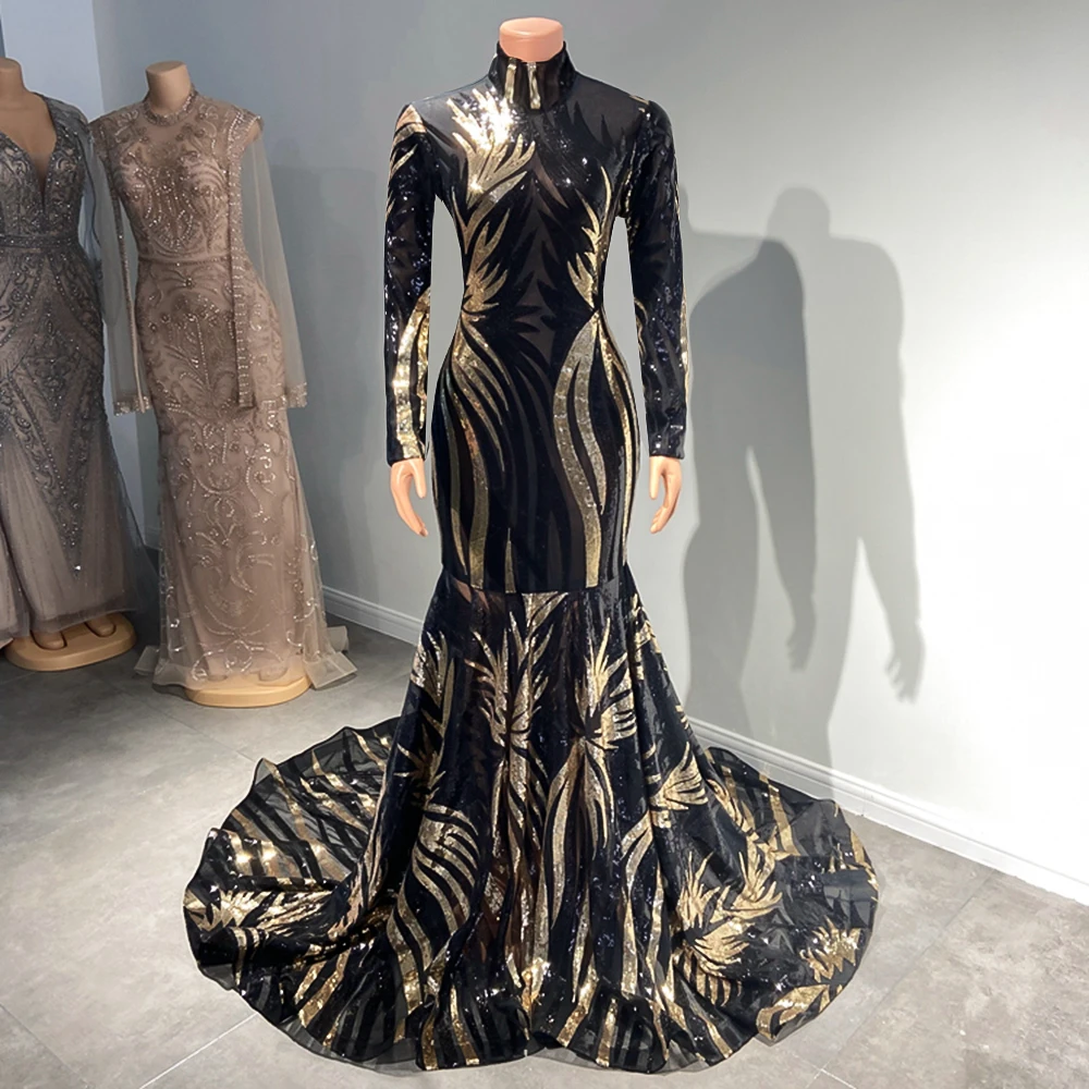 

Платье для выпускного вечера с длинным рукавом 2022 с высоким воротом черные и золотые блестки для африканских девушек сексуальные платья ру...