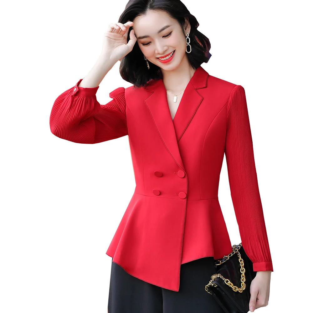

Elegant Ruffle Hem Double Breasted Women Blazer Ladies New Arrival Red White Black Female Formal Jacket Coat Blazer Women
