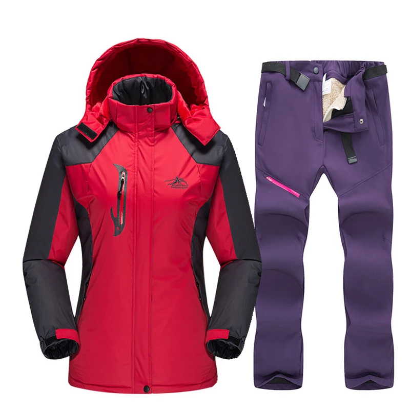 Red Purple Лыжный костюм для женщин, уличная водонепроницаемая ветрозащитная куртка для сноуборда, лыжная куртка, штаны, зимние лыжные флисовые куртки, женский лыжный костюм - Цвет: Red Purple