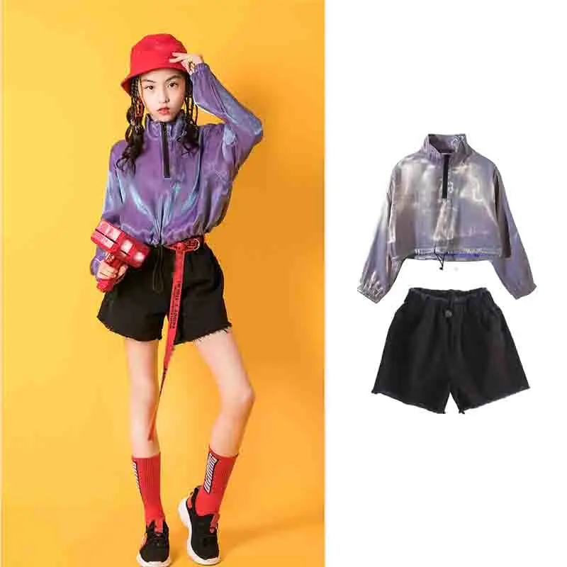 

Jazz Dance Clothing for Girls Purple Shiny Top Shorts Hip Hop Costume for Children Kids Ballroom Dance Clothes Wear XS1479