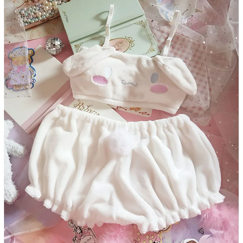 

Pink White Kawaii Velvet Pajamas Cute Sleepwear Rabbit Dog Mini Skirt Lingerie Girl High Quality Halter Babydoll Underwear Bras