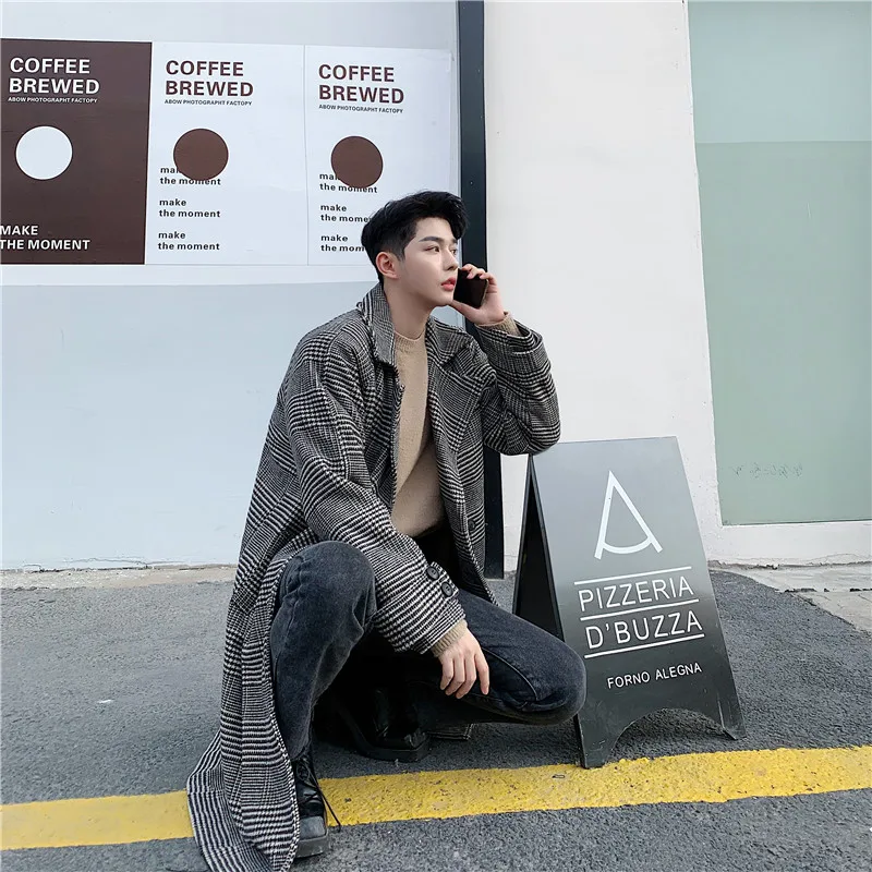 

Male Women Streetwear Fashion Casual Jacket Outerwear Men Vintage Plaid Wool Long Trench Coat