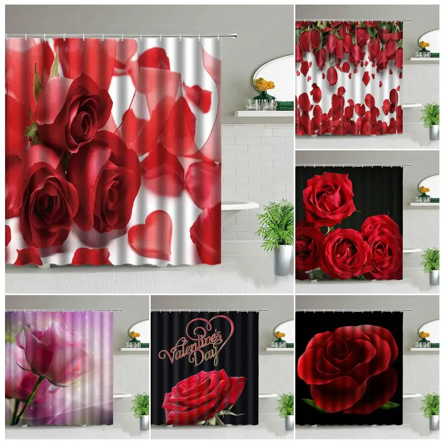

Flower Red Rose Shower Curtains Valentine's Day Couples Flowers Bathroom Decor Waterproof Fabric Home Bathtub Hanging Curtain