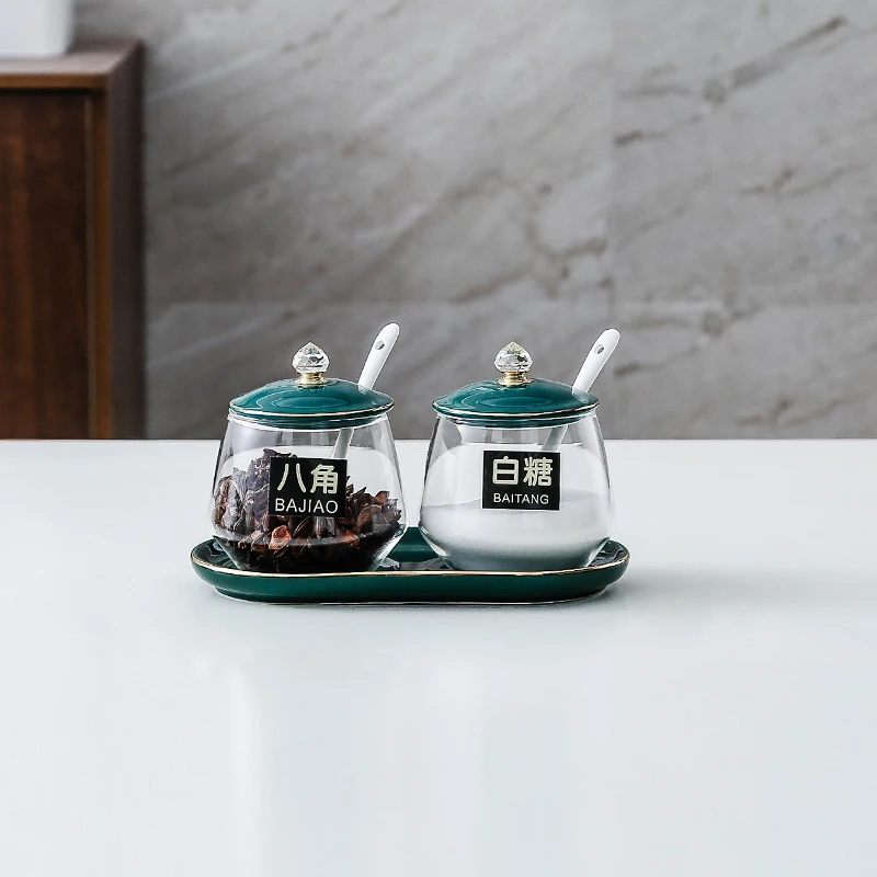 

Nordic green glass salt shaker ceramic seasoning pot tray seasoning bottle sugar bowl kitchen storage container seasoning box